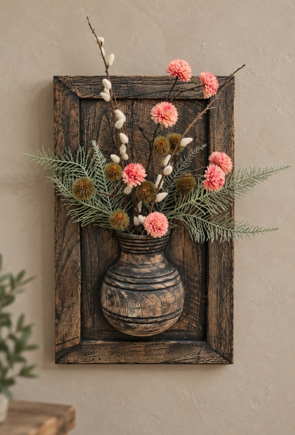 wandpaneel met nepalese pot incl. bloemen, Hout, Nieuw, Ophalen of Verzenden, Bruin
