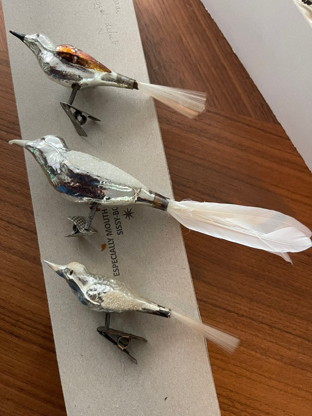 Drie vintage / antieke kerst vogels op clip, Ophalen, Gebruikt