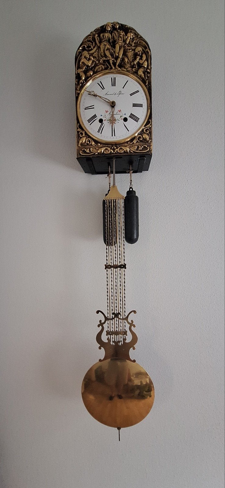 Antieke koperen/messing wandklok met grote pendule, Ophalen