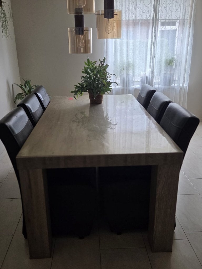 eettafel, 6 stoelen met wieltjes en salontafel, Ophalen, Gebruikt, 50 tot 100 cm, 150 tot 200 cm