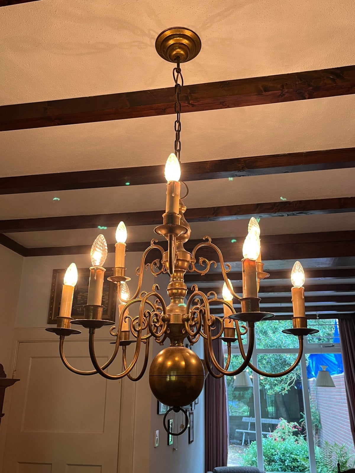 Prachtige koperkleurige kroonluchter, Huis en Inrichting, Lampen | Kroonluchters, Ophalen, Gebruikt, Metaal, Klassiek