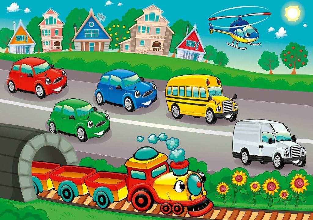 Autobehang Op de snelweg, trein, helikopter, kinderkamer., Verzenden, Nieuw