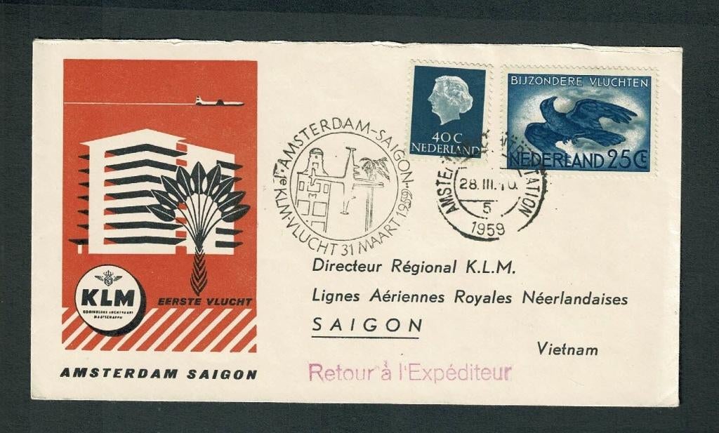 KLM 1e vlucht Amsterdam - Saigon op 31 maart 1959, Verzenden, Gebruikt, Kaart, Foto of Prent