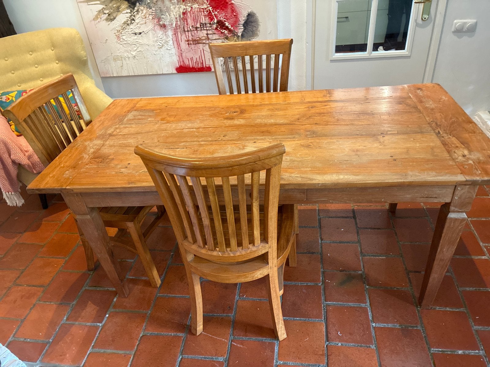 Antieke Boeren Grenen Tafel met 3 Stoelen, Ophalen
