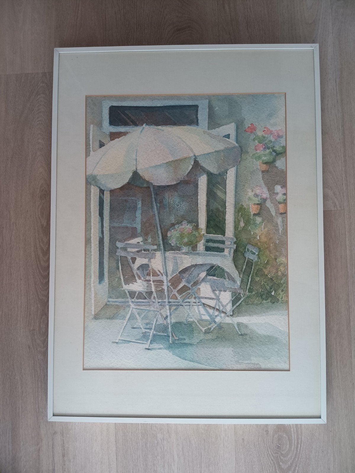 Grote Aquarel: Zomers Terras met Parasol, Antiek en Kunst, Kunst | Schilderijen | Klassiek, Ophalen of Verzenden