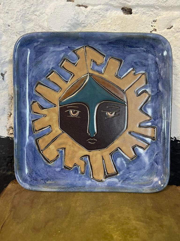 Vintage Mexicaans vierkant bord blaau galzuur zon gezicht, Ophalen of Verzenden, Zo goed als nieuw