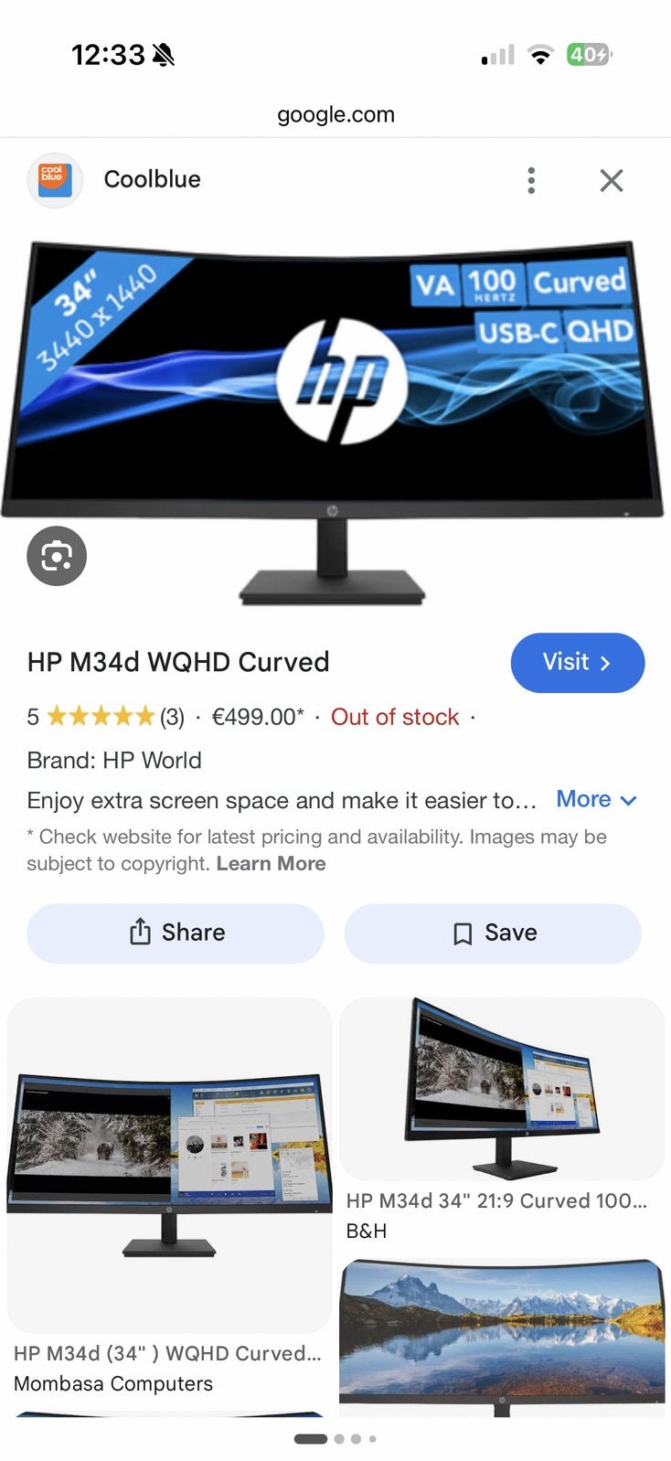 Defect. Hp m34d wqhd curved., Verzenden, Zo goed als nieuw, Curved