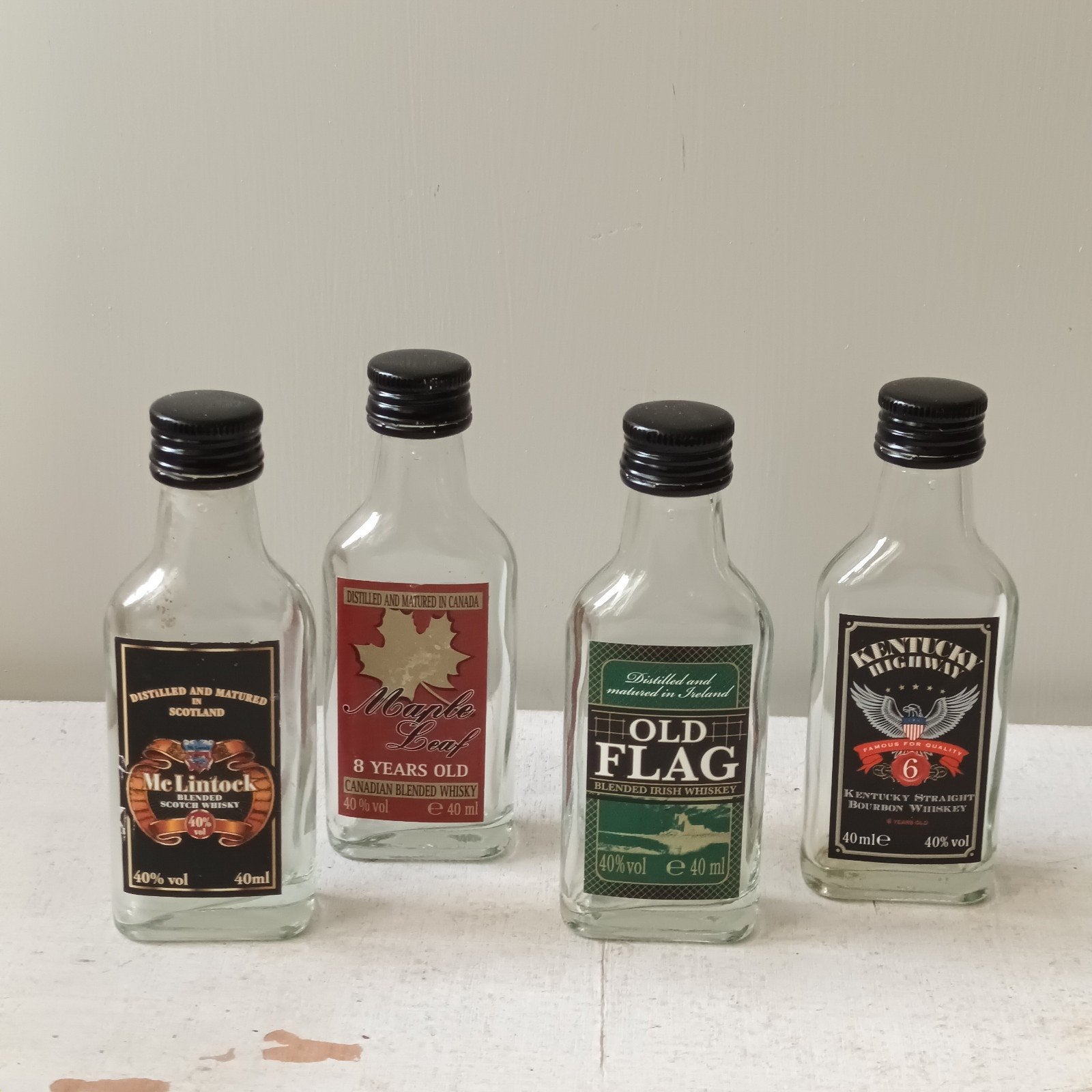 Set van 4 lege miniatuur Whiskey flesjes, Ophalen of Verzenden, Gebruikt