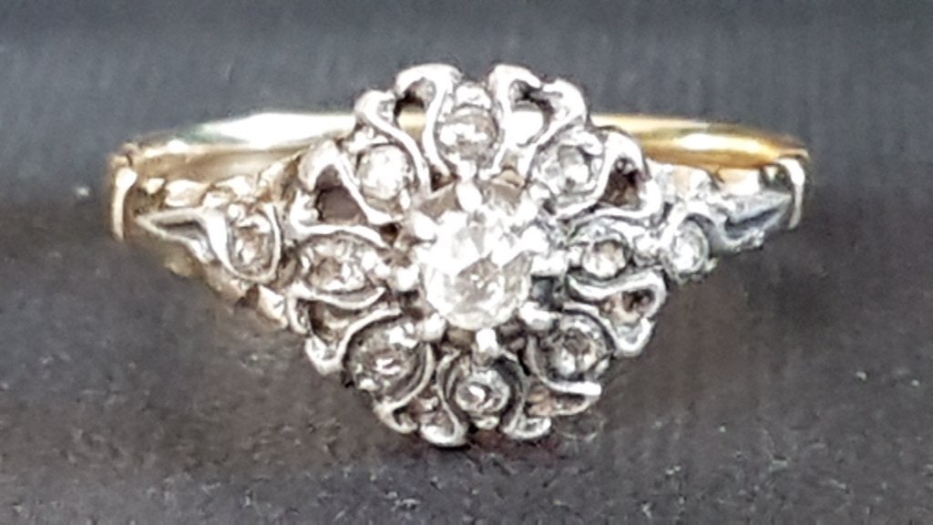 RING Antiek Roset  diamantjes gezet in zilver 14kt goud band, Ophalen of Verzenden, Zo goed als nieuw, 17 tot 18, Met edelsteen