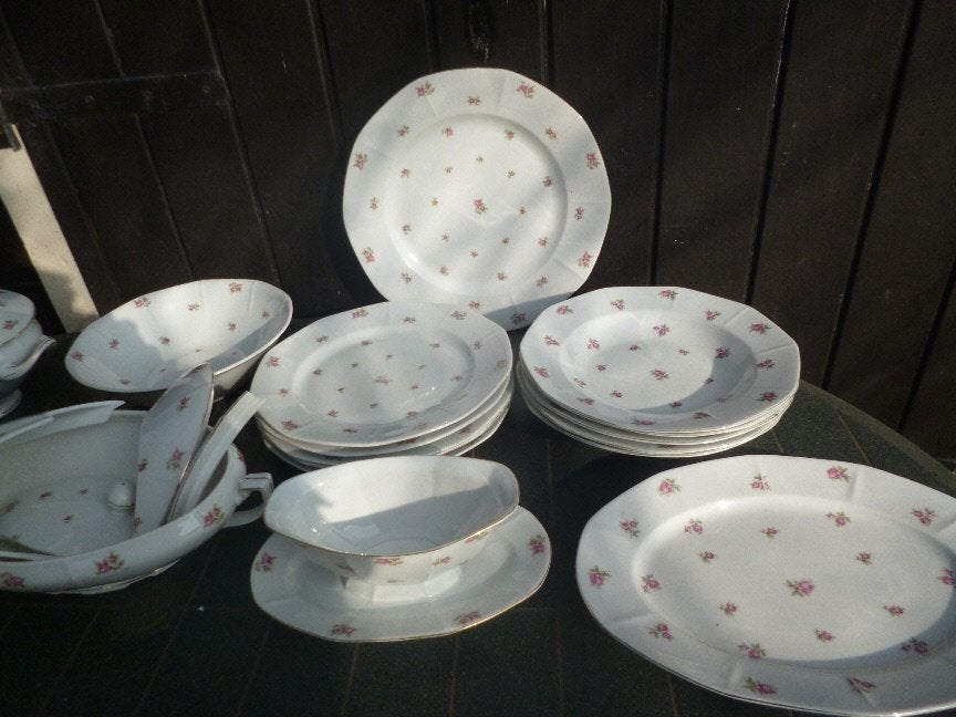 Delen Dinerservies Art Deco Victoria met kleine roze roosjes, Antiek en Kunst, Ophalen of Verzenden