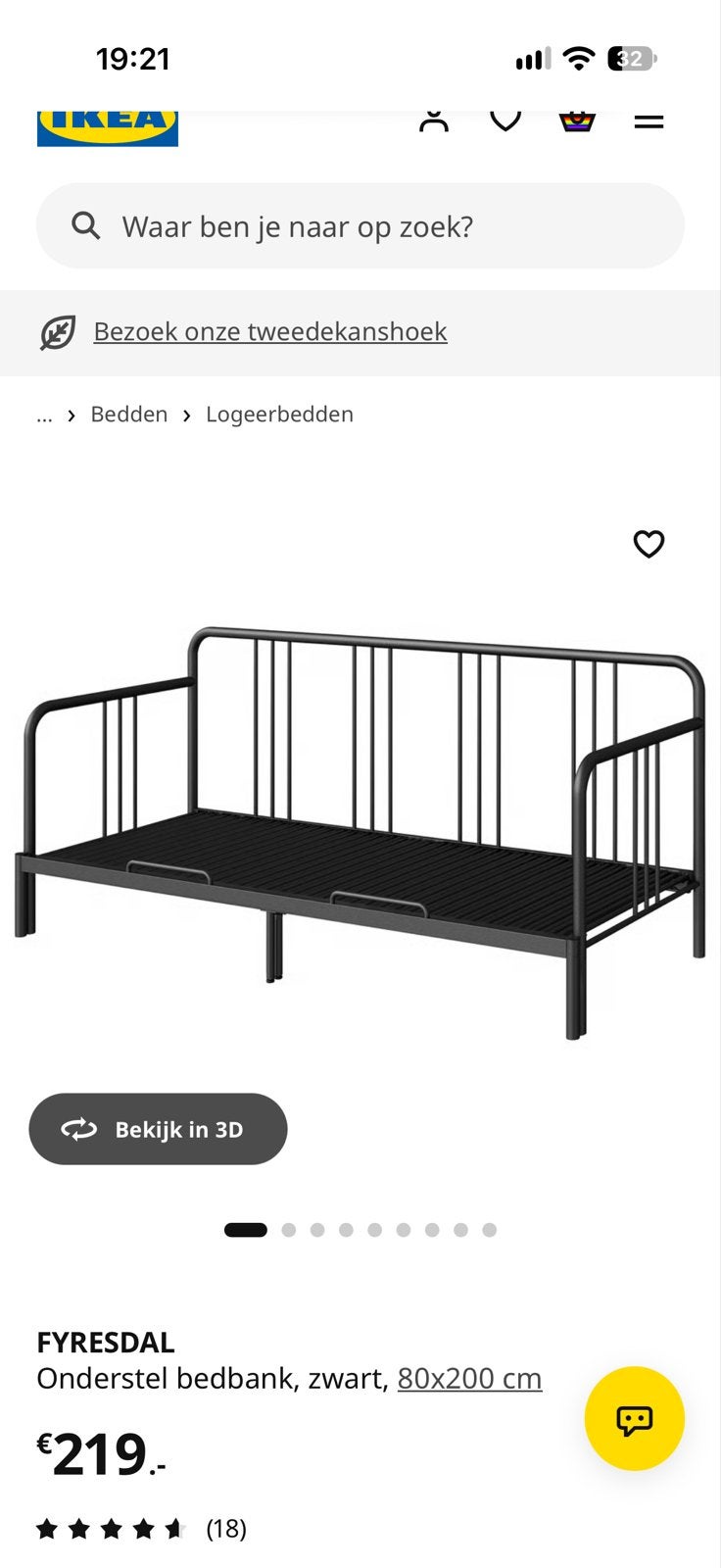 IKEA FYRESDAL Bedbank Zwart 80x200 cm met Matras en Beddengo, Zwart, Tweepersoons, Ophalen of Verzenden, Zo goed als nieuw