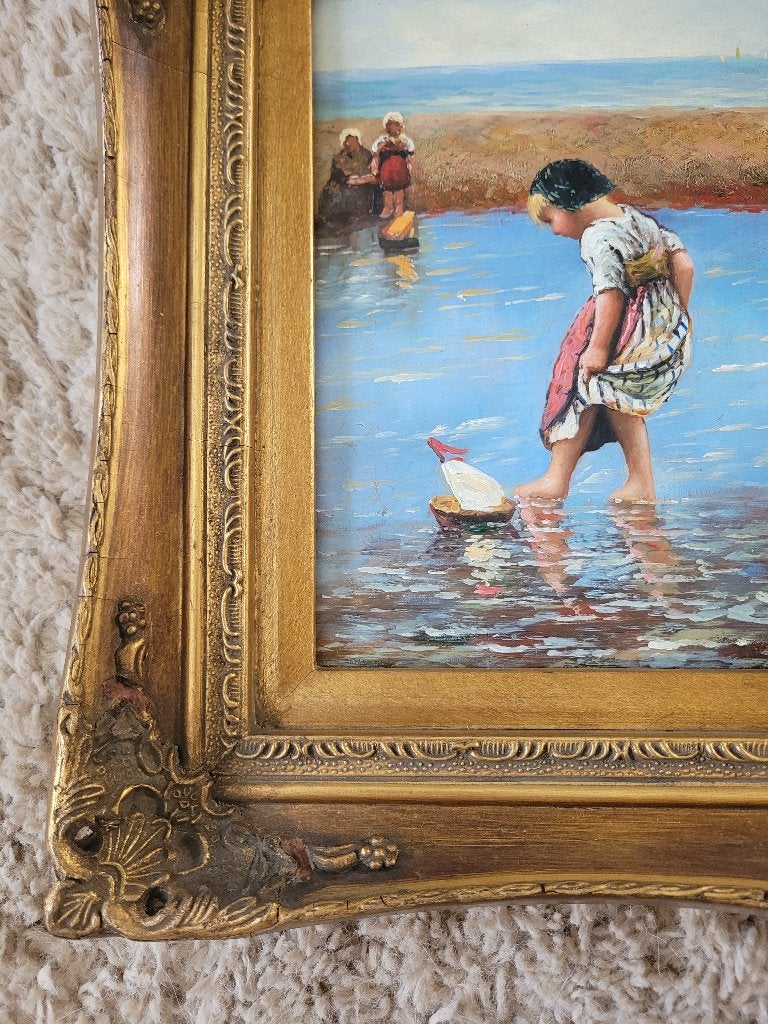 Paneeltje 'Strandtafereel' gesigneerd in goudkleurige lijst, Antiek en Kunst, Kunst | Schilderijen | Klassiek, Paneel, Portret of Personen