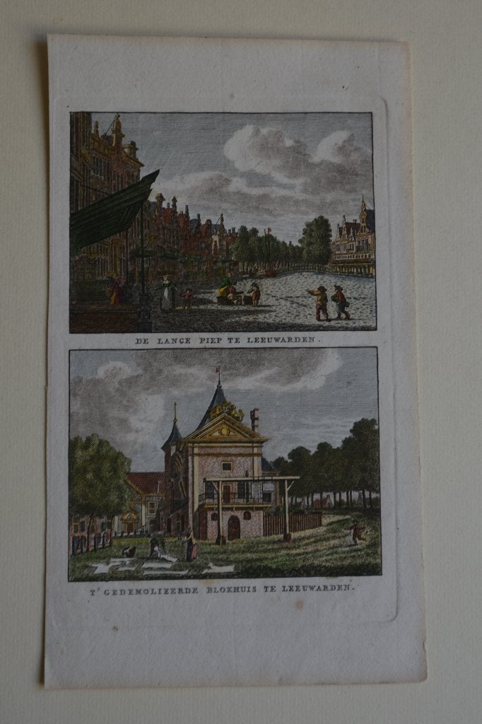 LEEUWARDEN 2x STADSGEZICHT boven elkaar Kopergravure E37, Antiek en Kunst, Stadsgezicht, Handgekleurd, Ophalen of Verzenden, Gravure