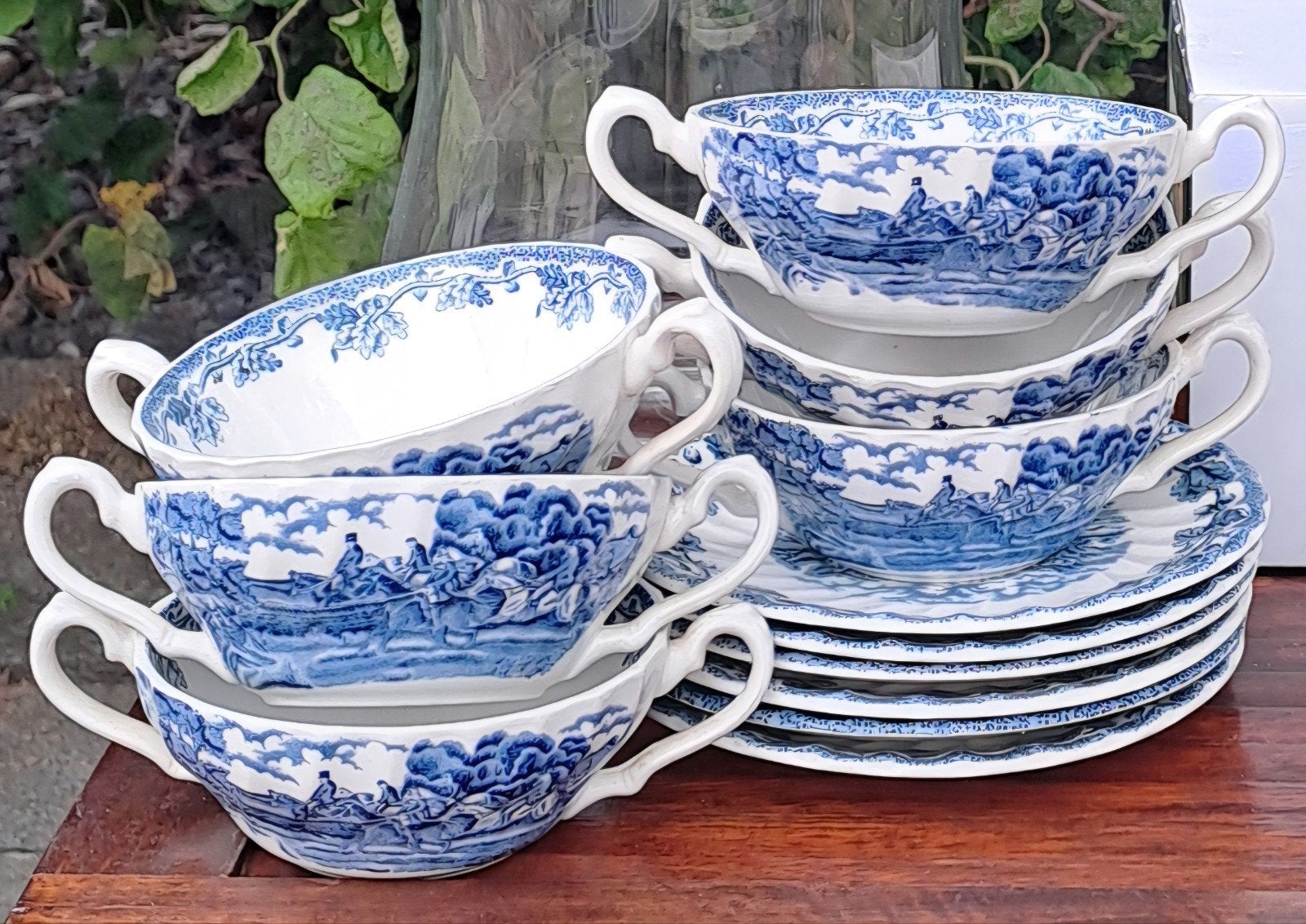Set van 6 antieke blauw-witte soepkommen met schotels, Antiek en Kunst, Antiek | Servies los, Ophalen
