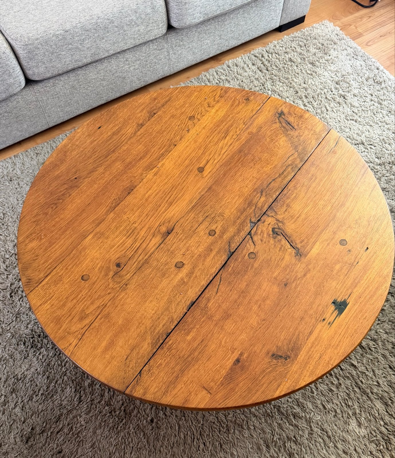 Unieke ronde salontafel van massief hout, Ophalen, Gebruikt, 50 tot 100 cm, Rond