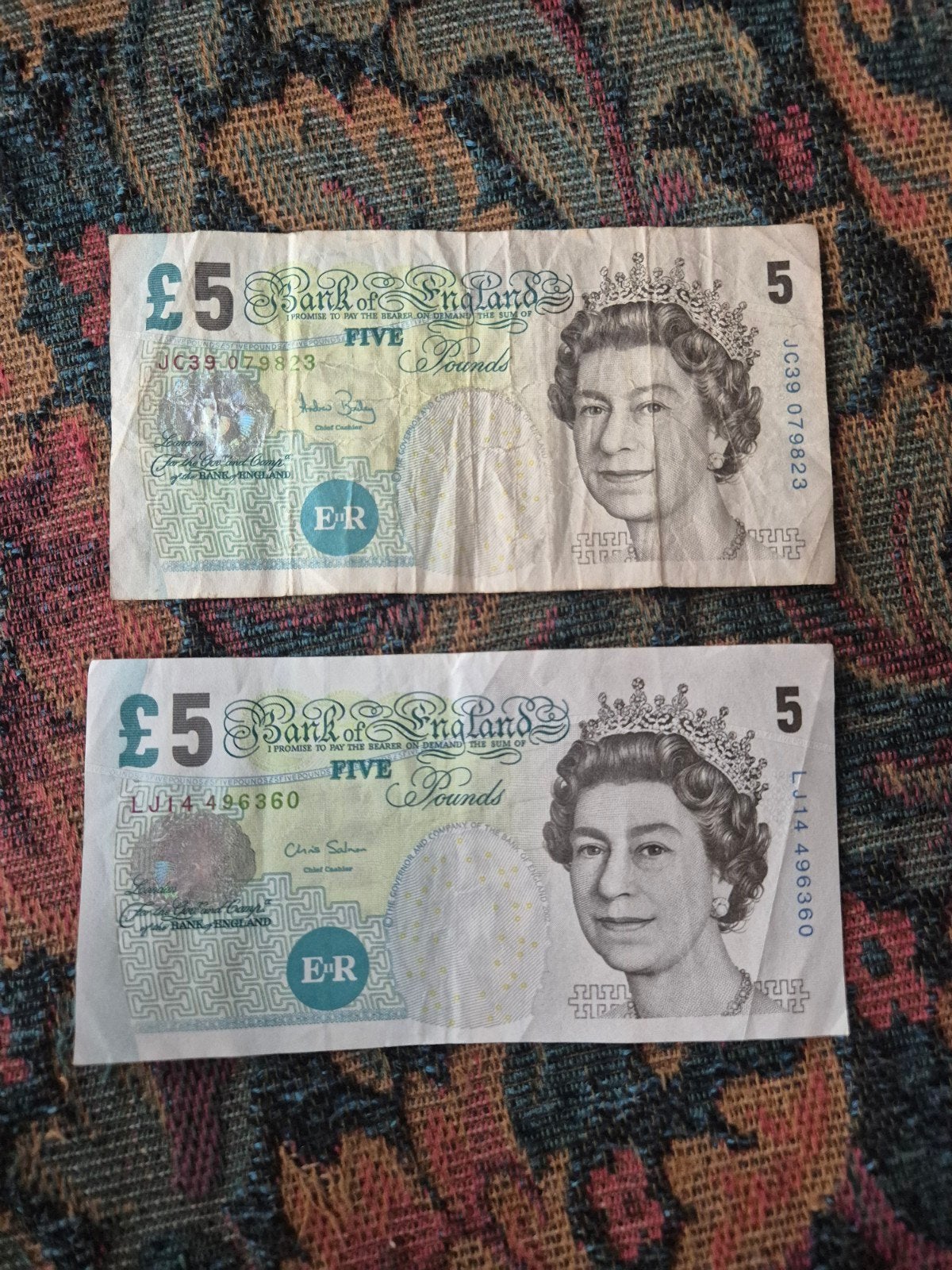 Engelse 5 Pond biljetten - Twee stuks, Ophalen of Verzenden, Overige landen, 100 euro, Los biljet