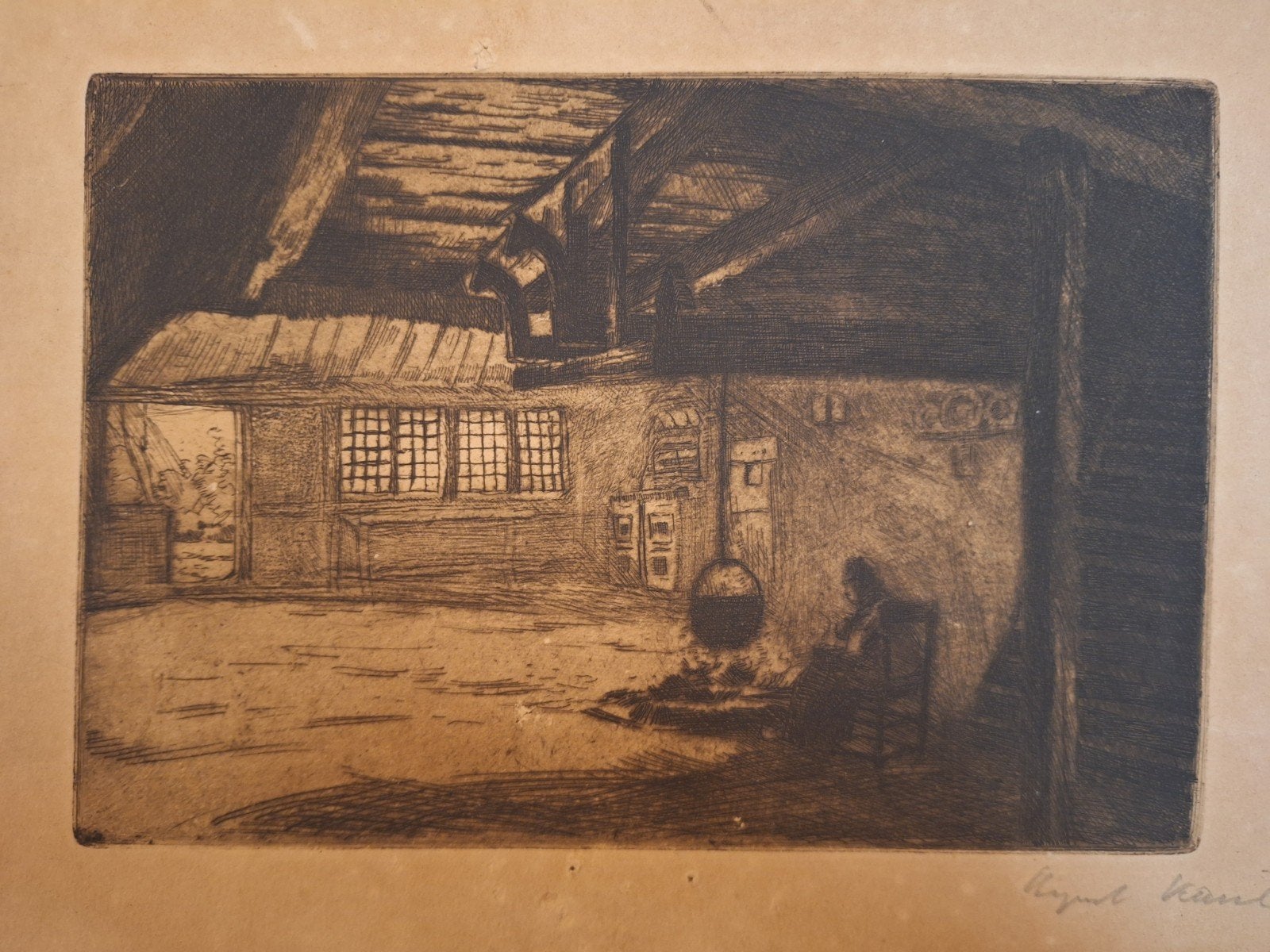 Ets: Boerderij interieur, gesigneerd, Ophalen of Verzenden, Dagelijks leven, Ets, Gesigneerd