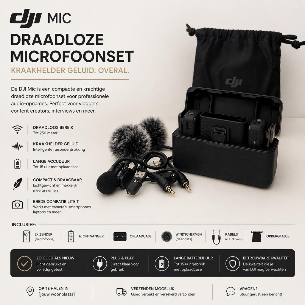 DJI Mic (2 zenders) draadloze microfoonset | Complete set, Ophalen of Verzenden, Zo goed als nieuw, Overige typen, Draadloos