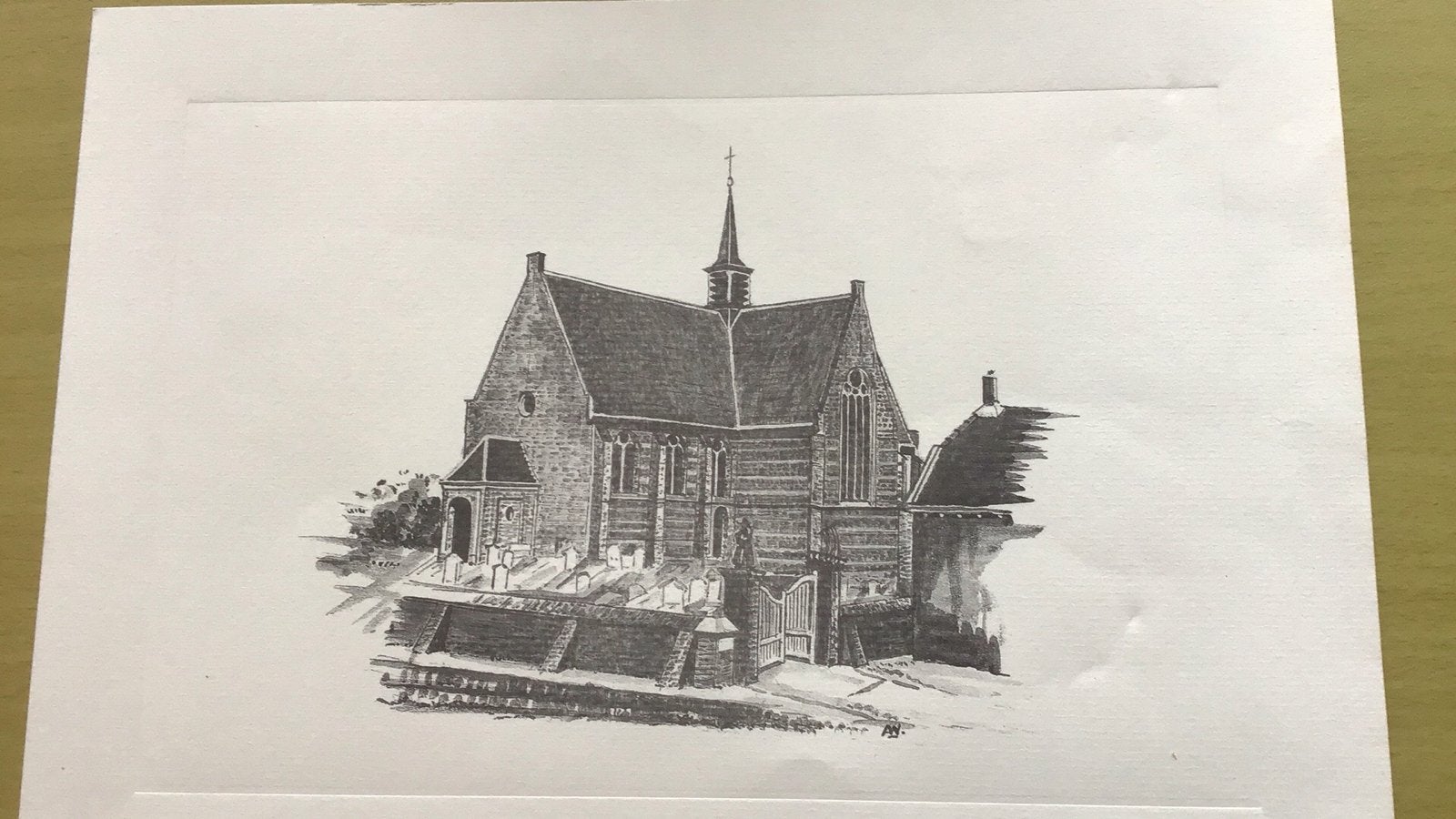 Groene Kerkje Oegstgeest - Gedetailleerde Tekening, Antiek en Kunst, Ophalen of Verzenden, Tekening, Pentekening, Origineel