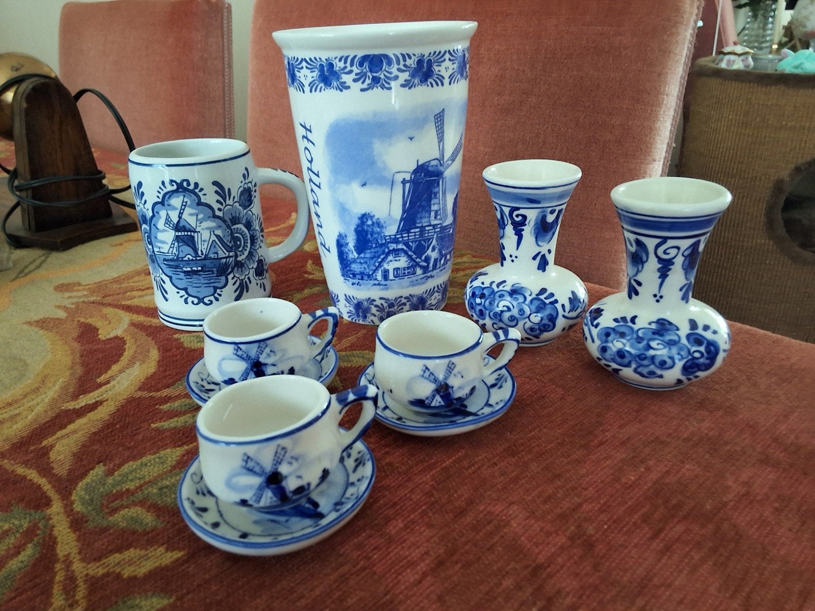 Delfs blauw  grote en 2 kl vaasjes miniatuur kop enschotel, Ophalen of Verzenden