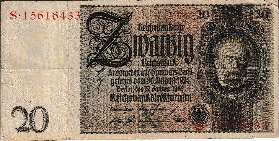 WEIMARREPUBLIEK-REICHSBANKNOTE 1924 TOT 1929 - 20 MARK, Postzegels en Munten, Bankbiljetten | Europa | Niet-Eurobiljetten, Ophalen of Verzenden