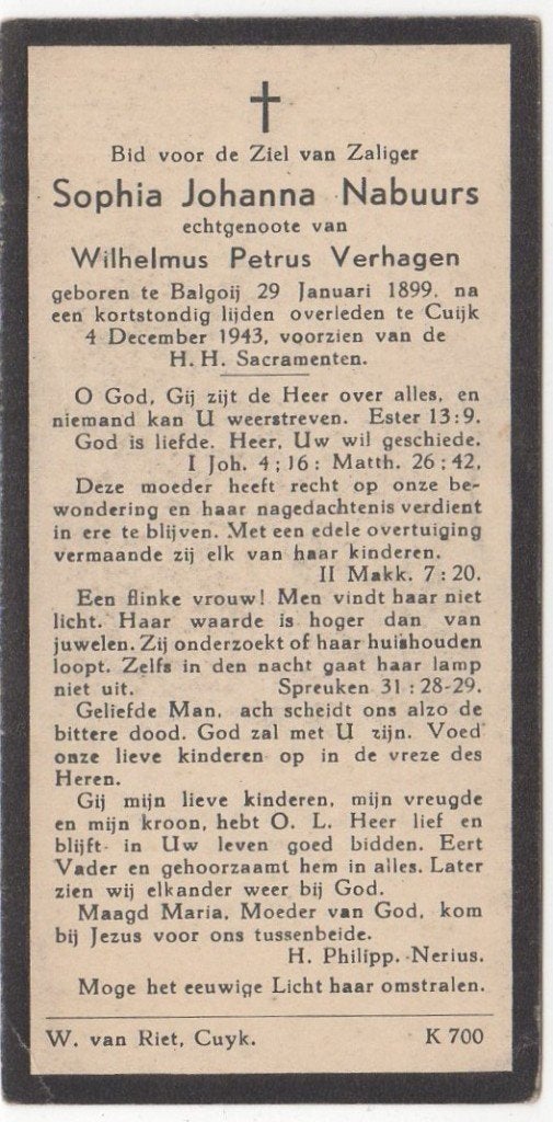Sophia J. Nabuurs 1899 Balgoij + 1943 Cuijk, 44 jaar oud, Ophalen of Verzenden