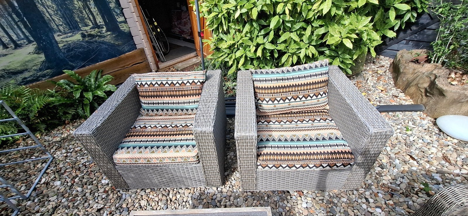 Twee tuinstoelen met zelfgemaakte kussens, Ophalen of Verzenden, Gebruikt
