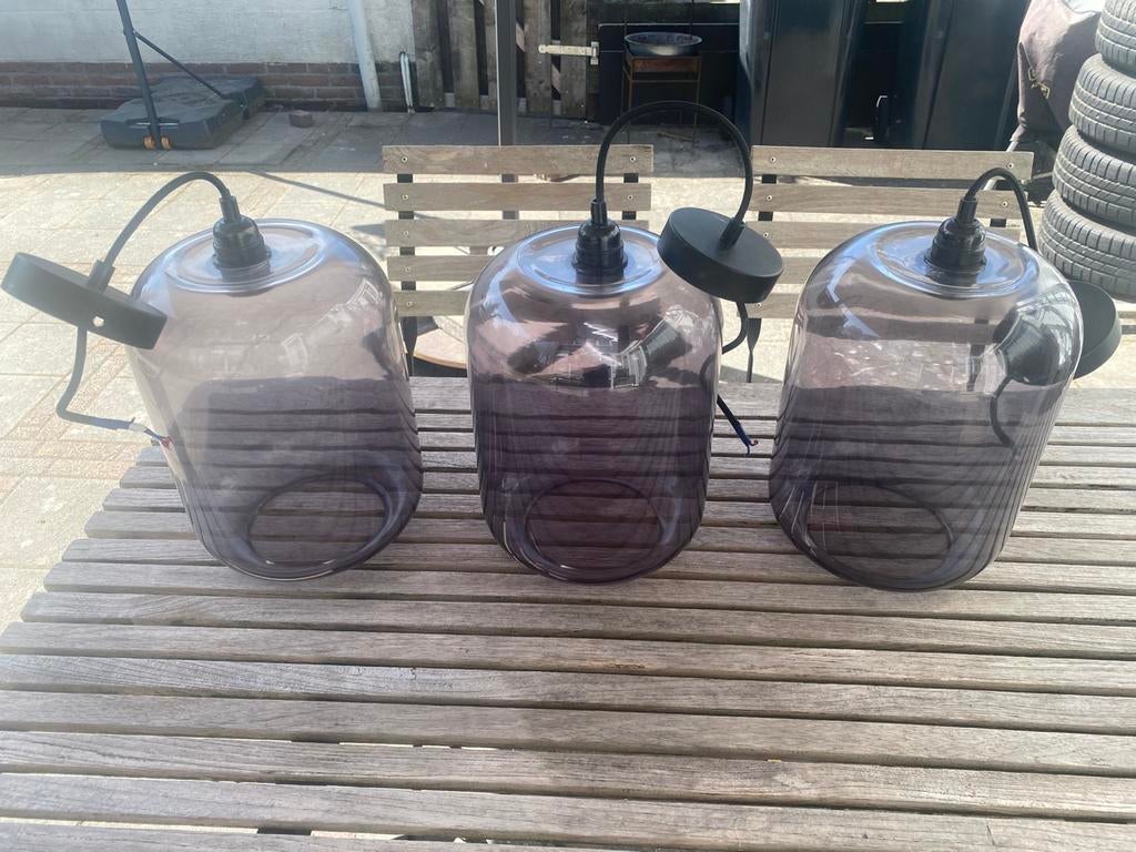 3 x Juno rookglas hanglampen, Ophalen, Zo goed als nieuw, Glas, Minder dan 50 cm