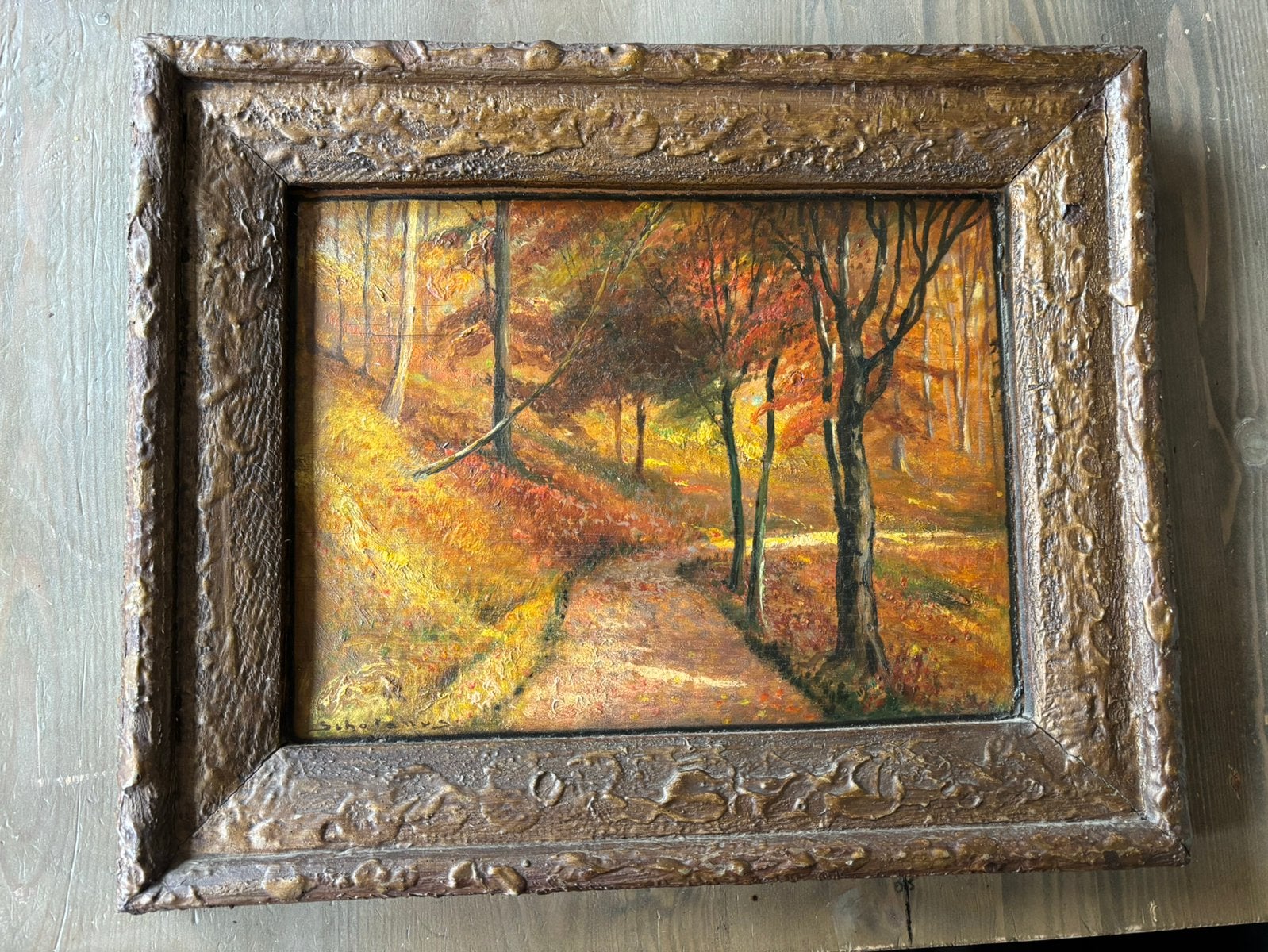 Schilderij van bospad met bomen, olieverf, Schotanus, Ophalen, Realistisch, Overige ondergronden, Olieverf