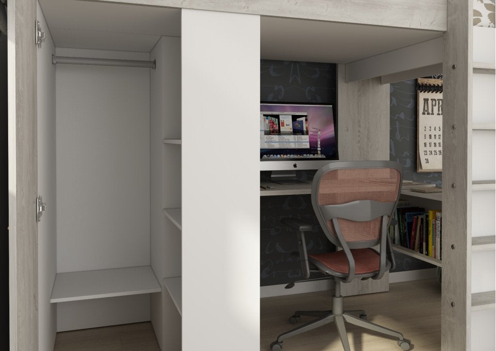 Studio 1809 hoogslaper met bureau en kast - 90x200 - Wit/cas, Niet ingevuld, Niet ingevuld, Niet ingevuld