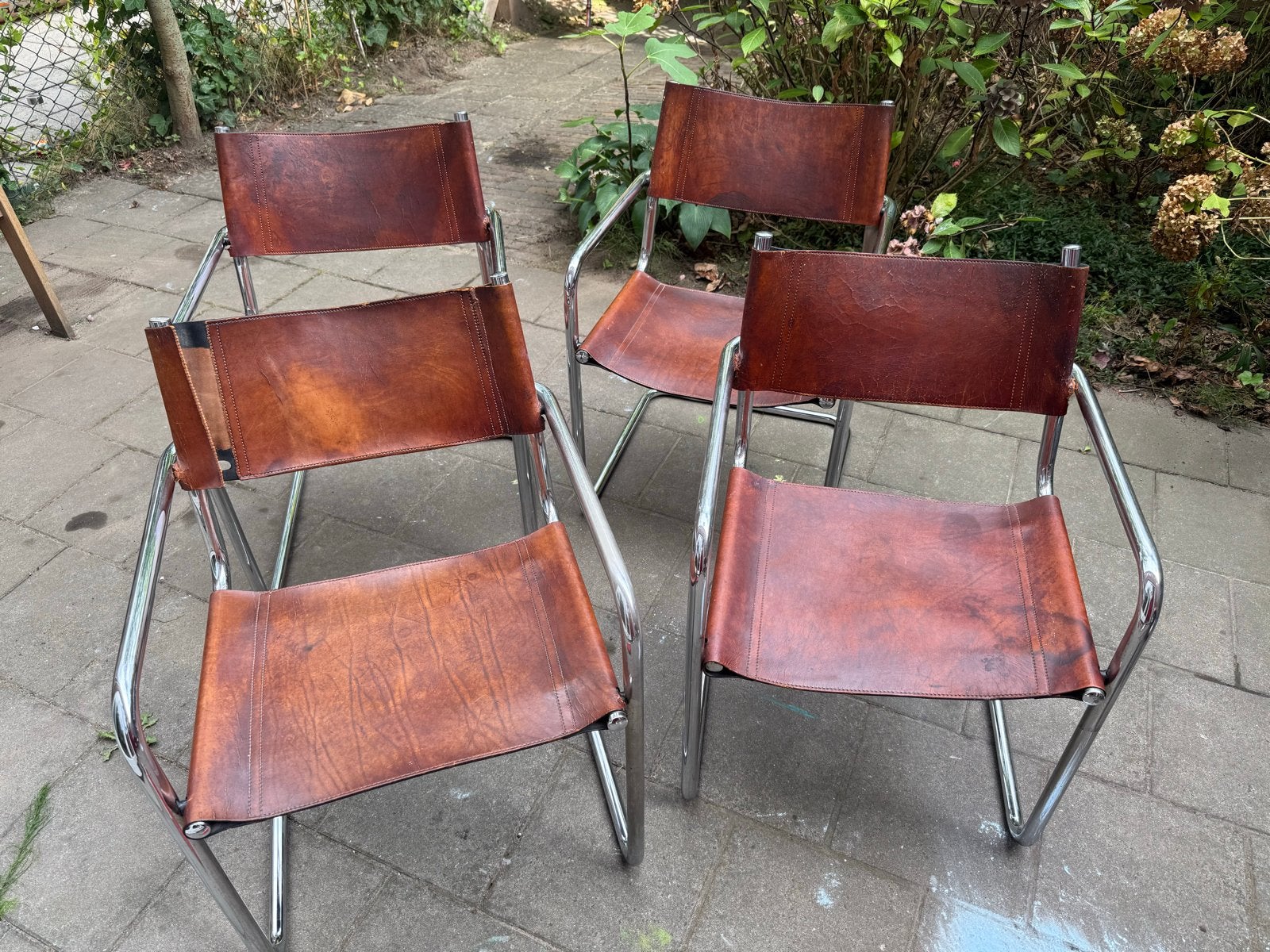 Set van 4 Vintage Stoelen, Bruin Leer en Chroom, Ophalen