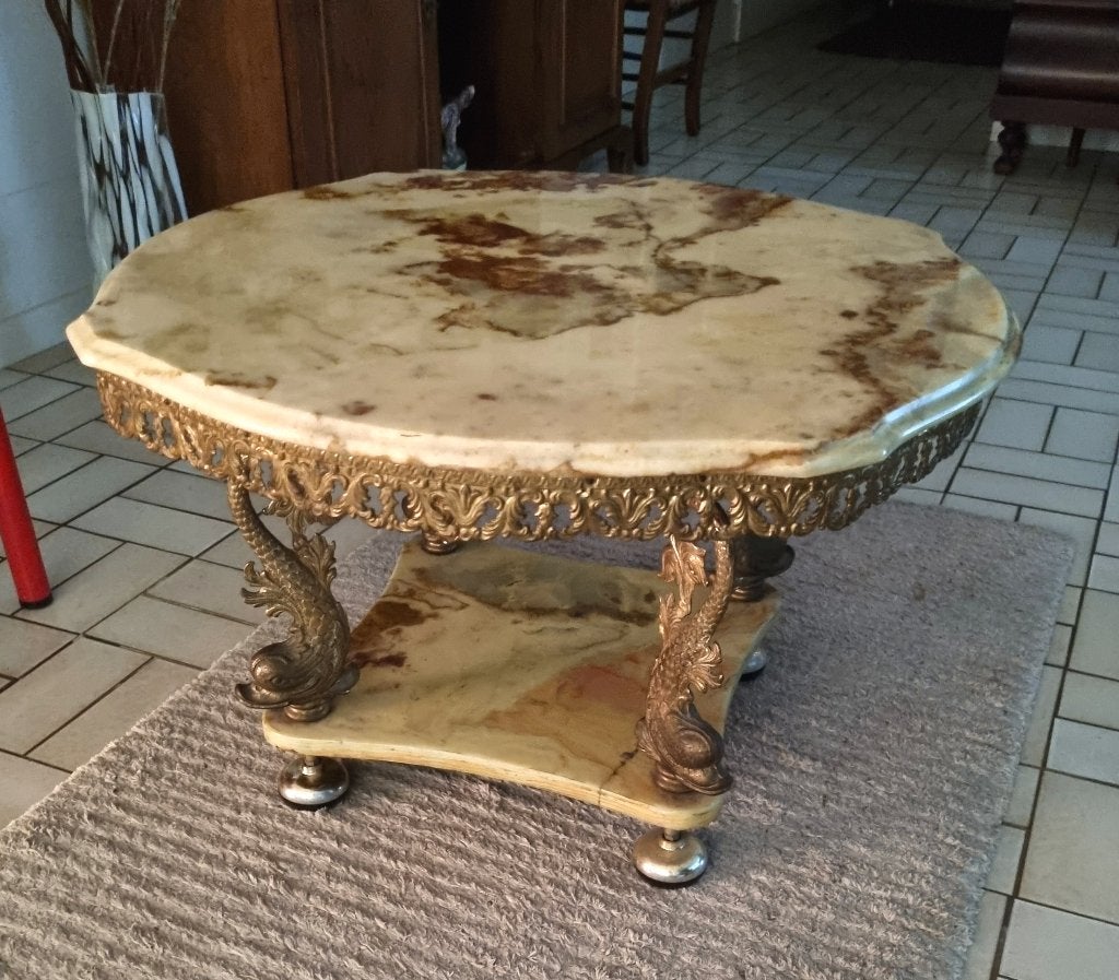 Antieke salontafel met marmeren Onyx blad., Ophalen