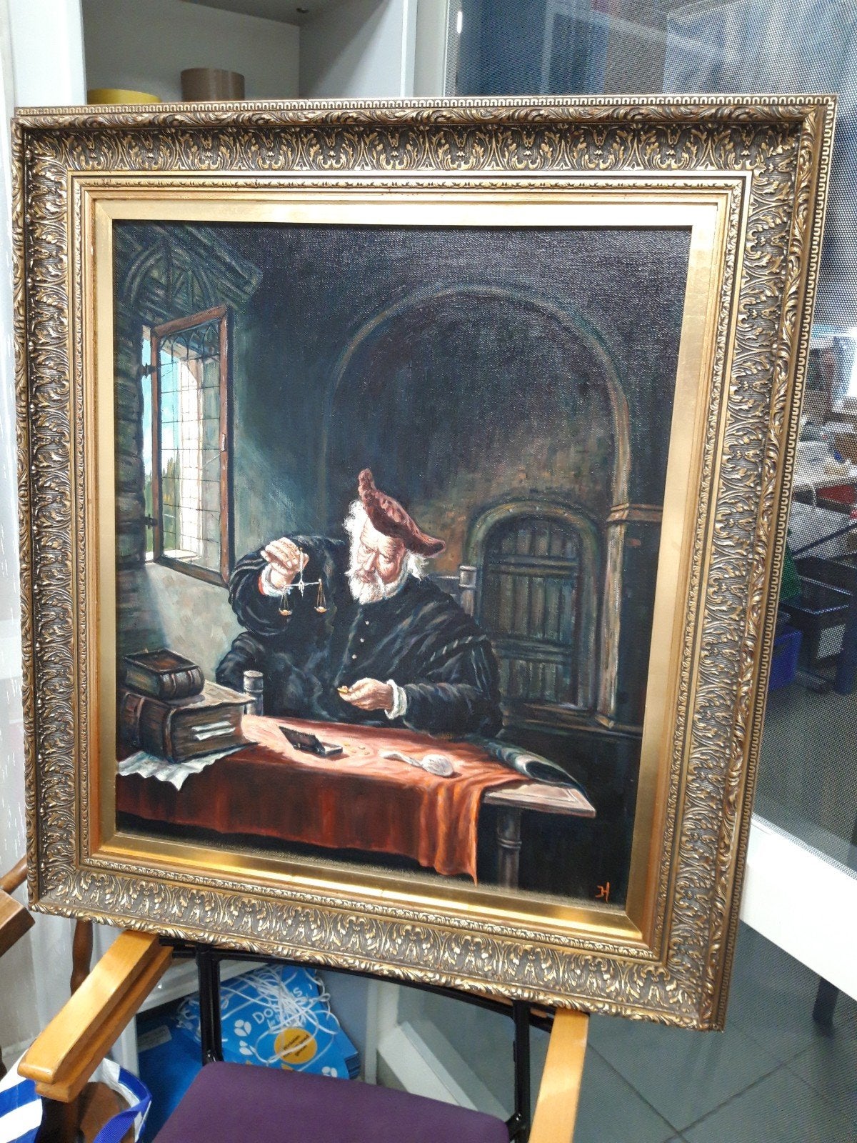 schilderij J. Haken - De Goudweger (1973), Ophalen, Doek, Portret of Personen, Gedateerd