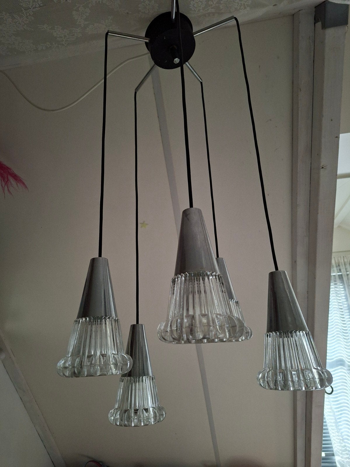 retro hanglamp met 5 lichtpunten, Huis en Inrichting, Gebruikt, E14 (klein), Ophalen of Verzenden, Glas