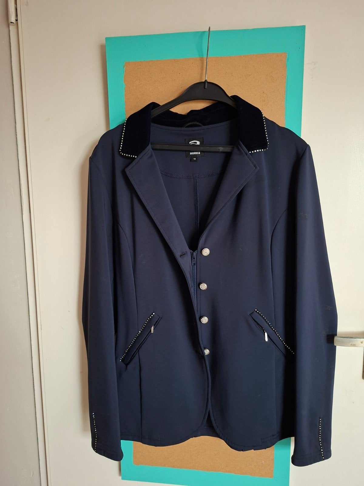 te koop: blauw dames dressuur wedstrijdjasje  met glitters, Dieren en Toebehoren, Ophalen of Verzenden, Dressuur, Dames, Bovenkleding