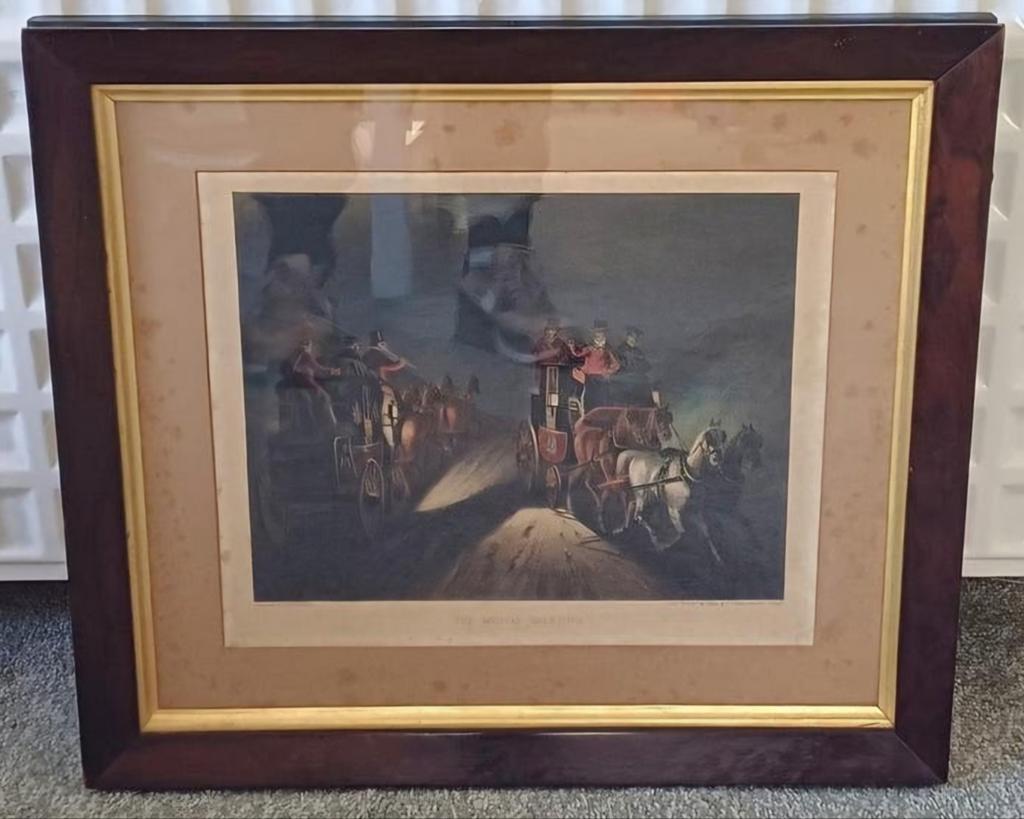 Antieke kleurenplaat'The Midway Greeting'-Koetsen en paarden, Antiek en Kunst, Kunst | Schilderijen | Klassiek, Ophalen