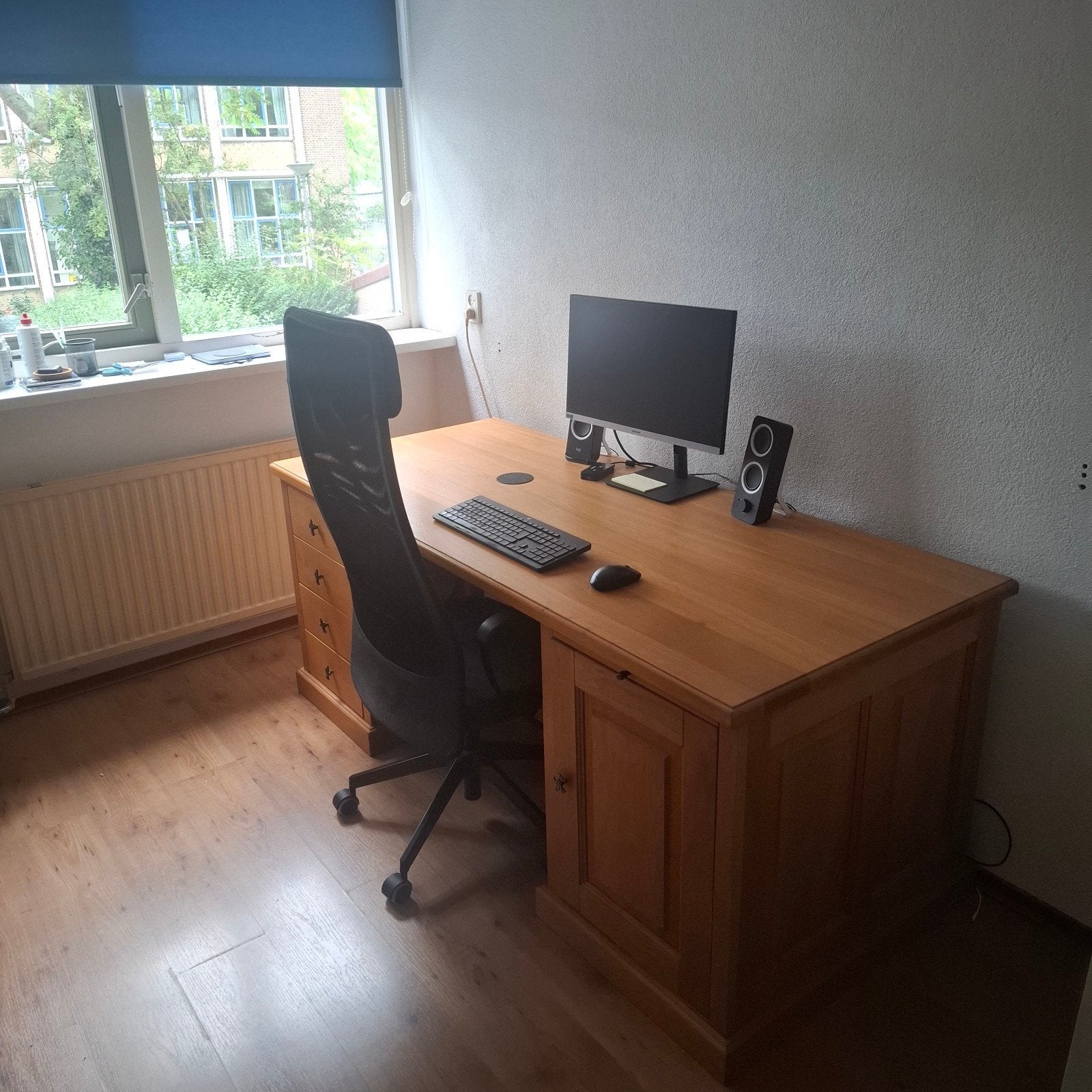 Massief licht eiken bureau met fleur de lis, 180x80x75cm, Ophalen, Gebruikt, Hout, 180 cm