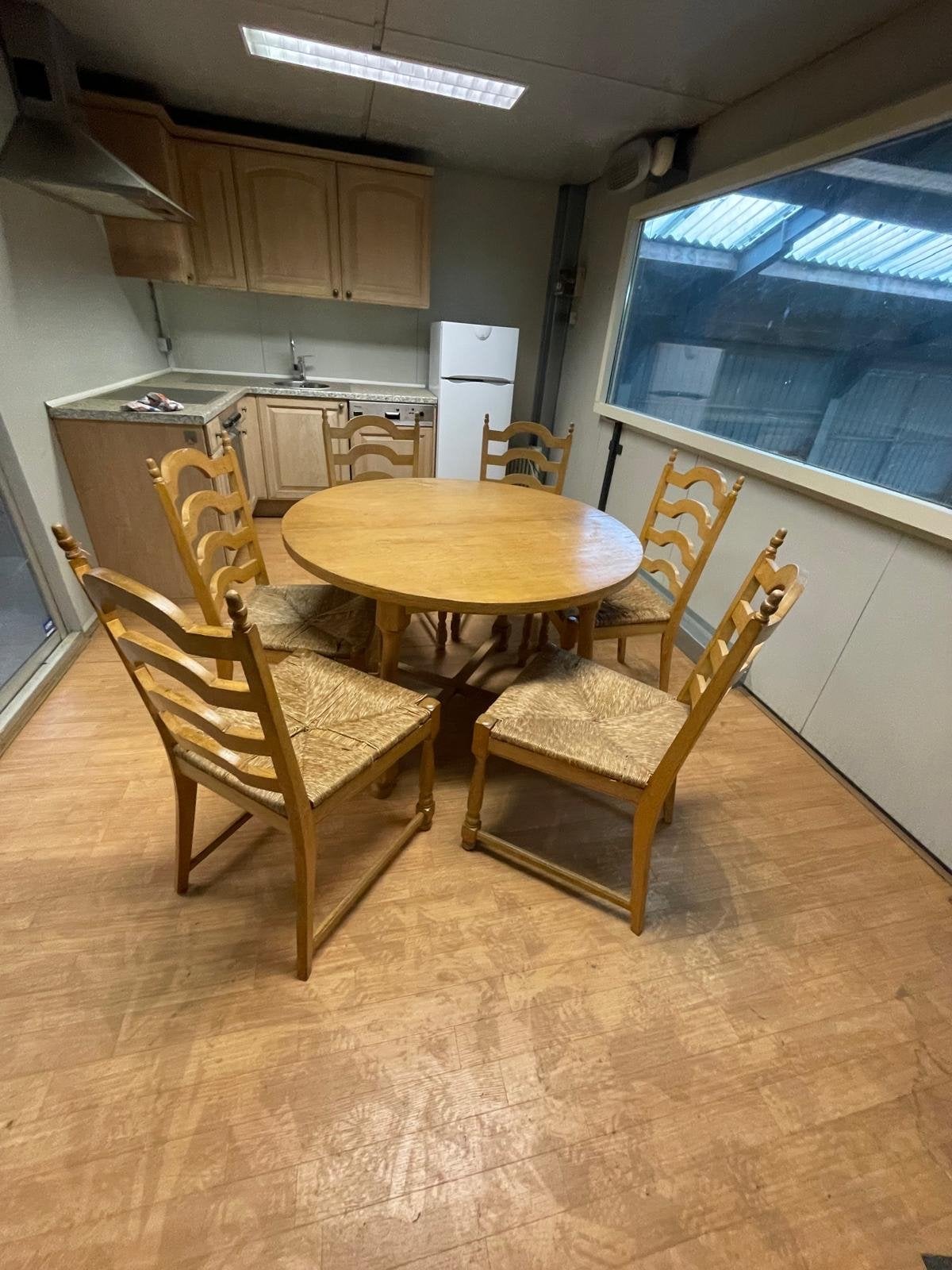 Uitschuifbare ronde tafel (118-160cm) met 6 stoelen, Ophalen, Gebruikt, 100 tot 150 cm, Rond