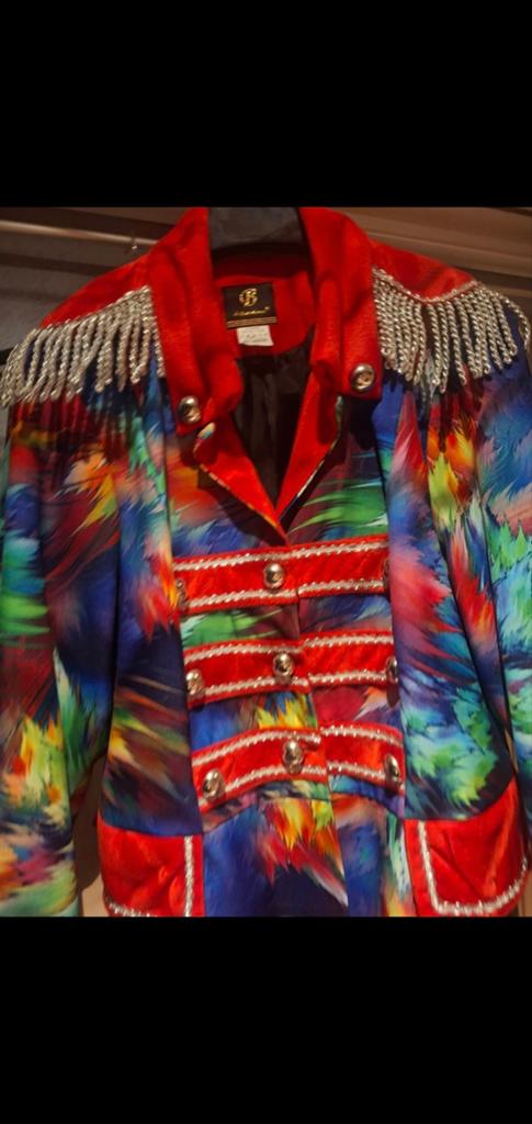 Carnavalsjasje  maat 50 met franjes en kleurrijke print, Maat 38/40 (M), Carnaval, Ophalen of Verzenden, Onbekend
