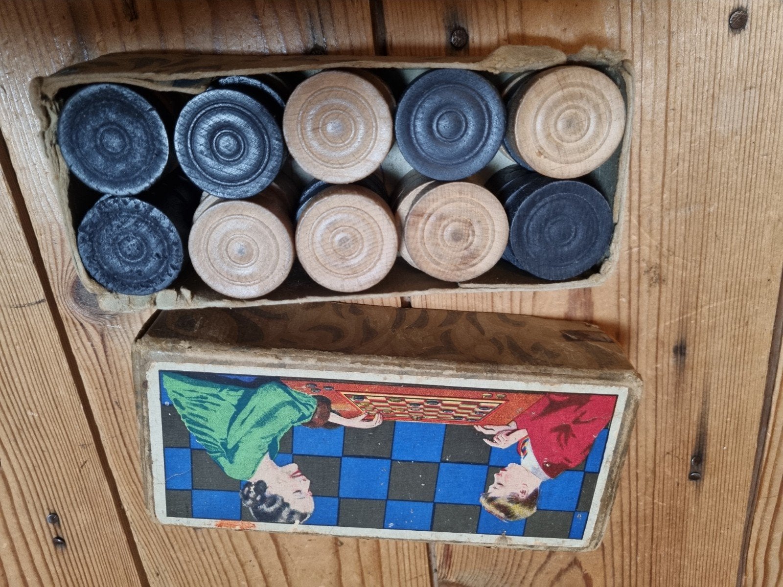 Vintage Antieke Houten Damstenen Jaren '60⁰j, Een of twee spelers, Ophalen of Verzenden, Gebruikt
