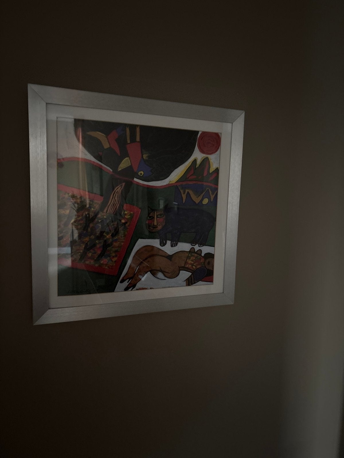 Corneille Modern kunstwerk met liggende figuur en kat, Abstract, Portret of Personen, Papier, Gemengde techniek