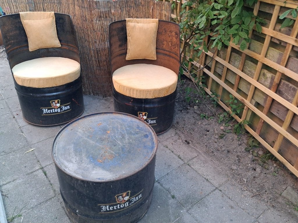 Unieke Hertog Jan Vatset – 2 Fauteuils + Salontafel, Tuin en Terras, Tuinsets en Loungesets, Overige materialen, Gebruikt, Tuinset