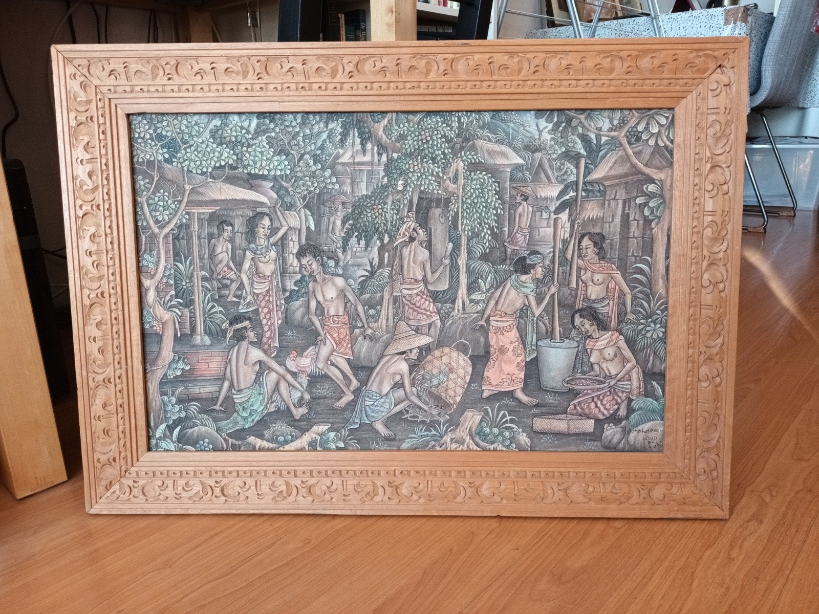 Bali, Indonesië, olieverf op doek, markt tafereel, gesign., Ophalen of Verzenden