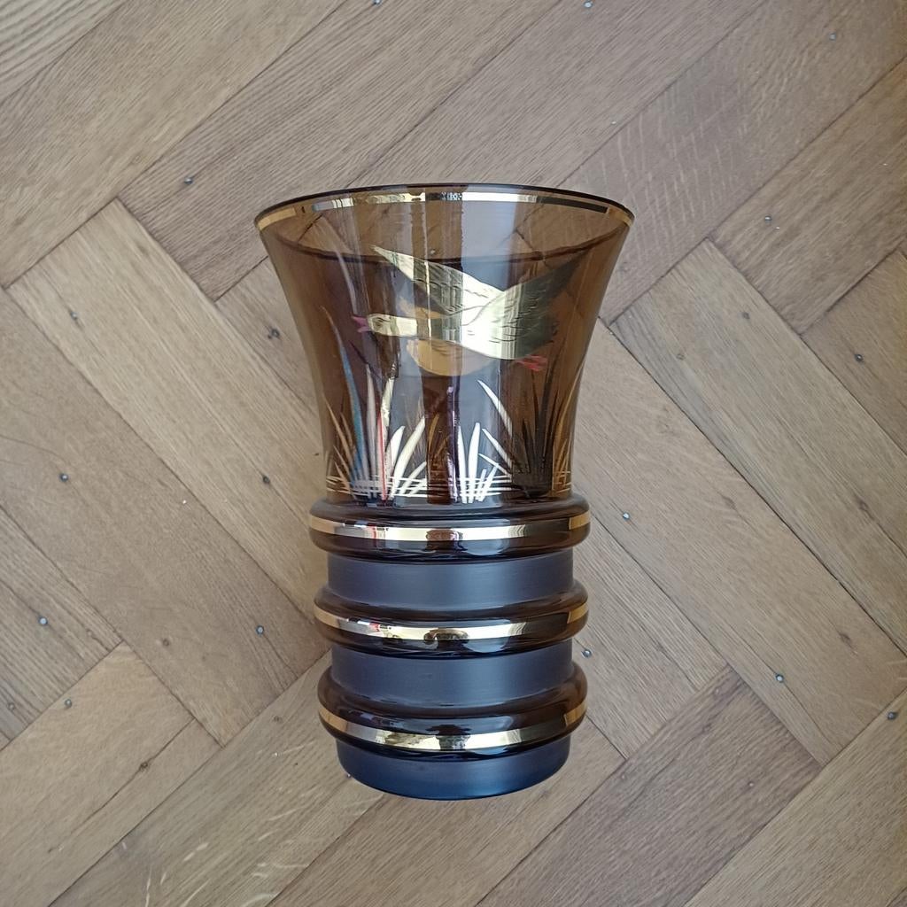 Vintage Glazen Vaas met Gouden Eenden Decoratie, Ophalen