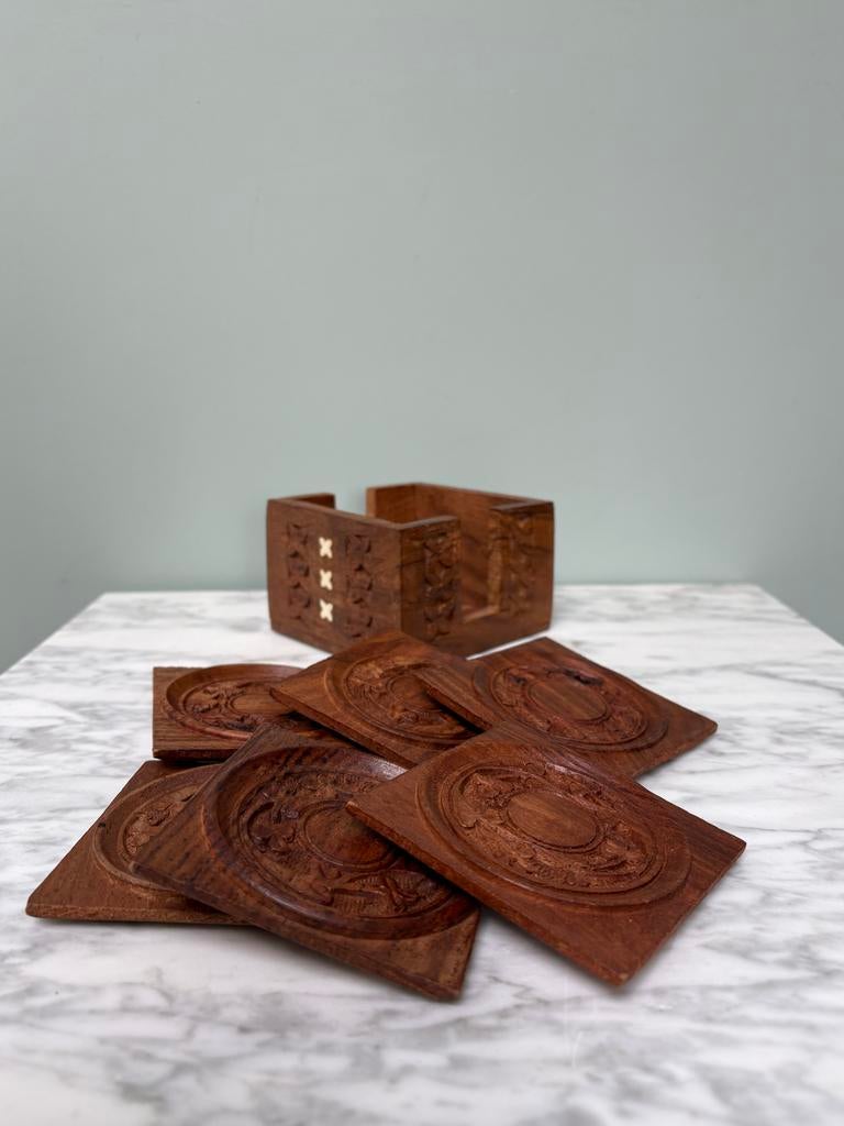 Vintage houten onderzetters met houder, Ophalen of Verzenden, Gebruikt, Glas of Kopje