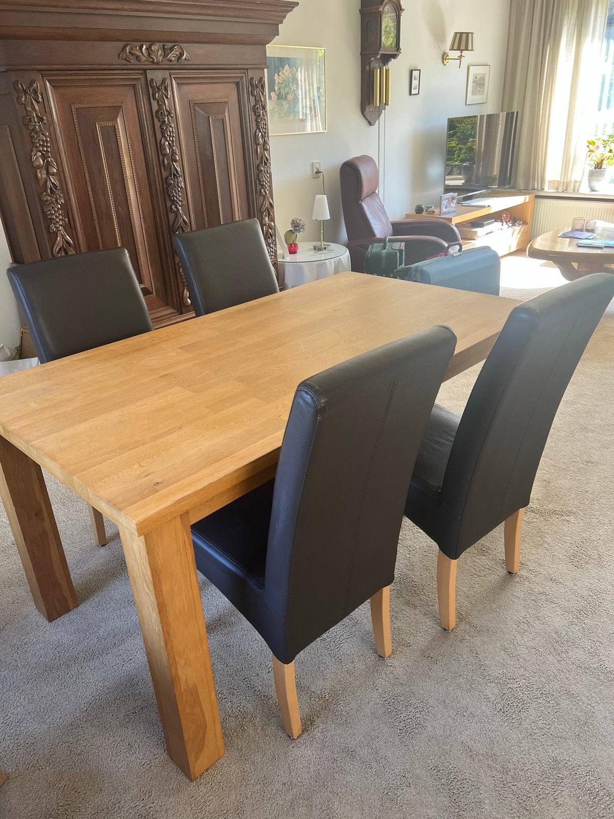 Eikenhouten eettafel met 5 stoelen, Ophalen, Gebruikt, Eikenhout, 50 tot 100 cm