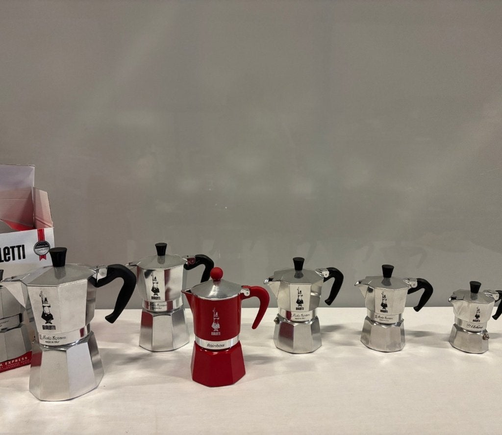 6 Bialetti percolators, Moka Express en Rainbow, met doos, Niet bekend (tweedehands product), Zilver, Ophalen of Verzenden, Metaal