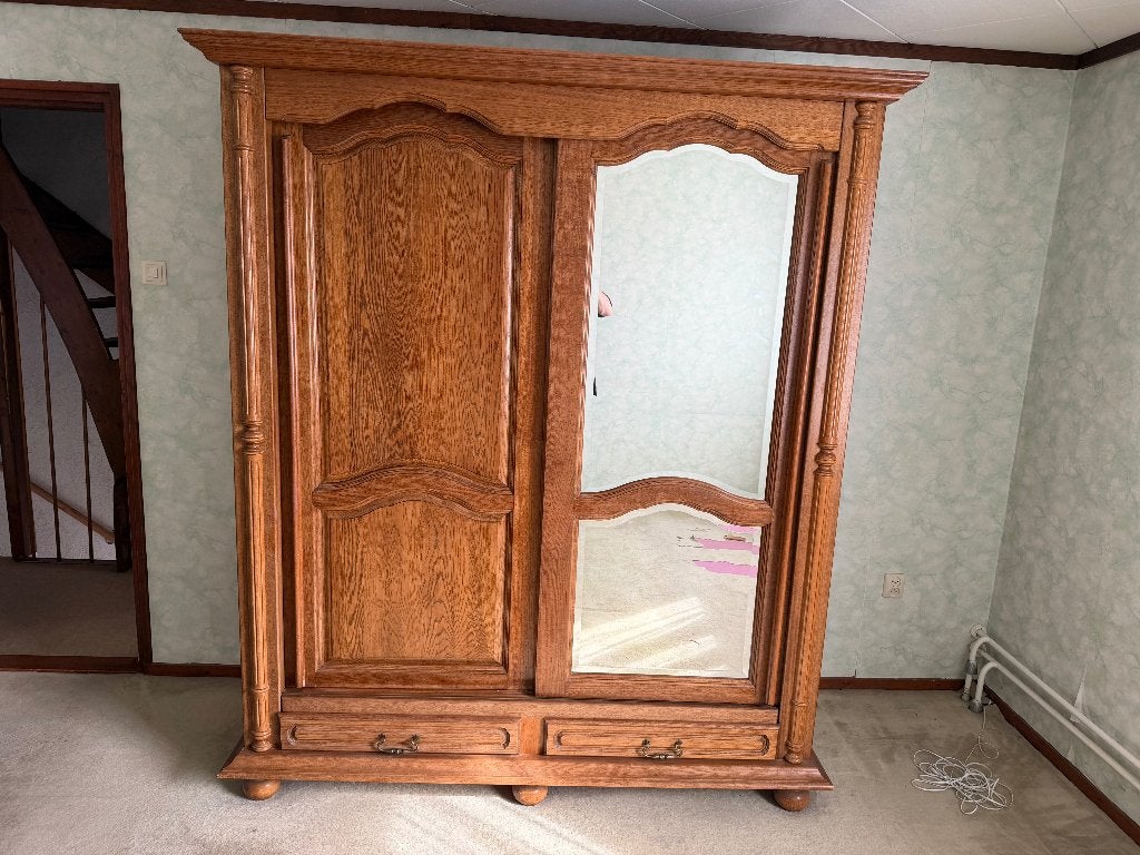 Massief eiken kledingkast met spiegeldeur MOET WEG, Huis en Inrichting, Ophalen, Gebruikt, 200 cm of meer, 150 tot 200 cm