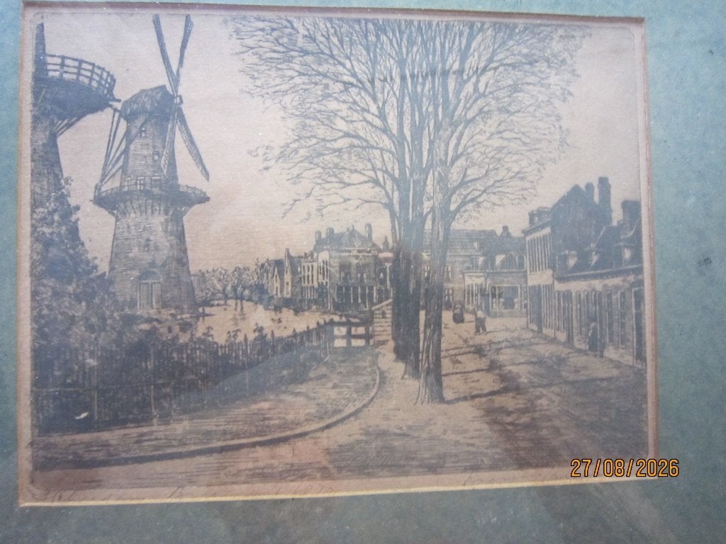 Schiedam, Mooi Oud straatbeeld van huizen nabij een Molen, Ophalen, Ets