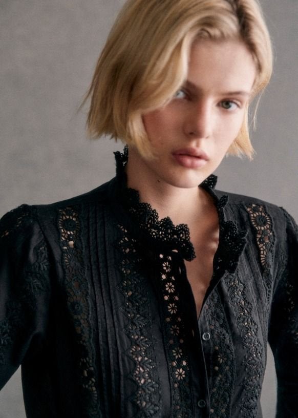 Sezane Rym zwarte kanten broderie blouse, Kleding | Dames, Ophalen of Verzenden, Nieuw, Maat 38/40 (M), Zwart